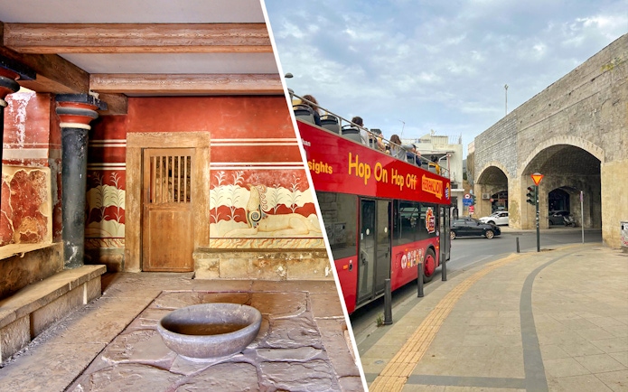 Knossos Palace interior and Heraklion hop-on hop-off bus tour in Crete, Greece.