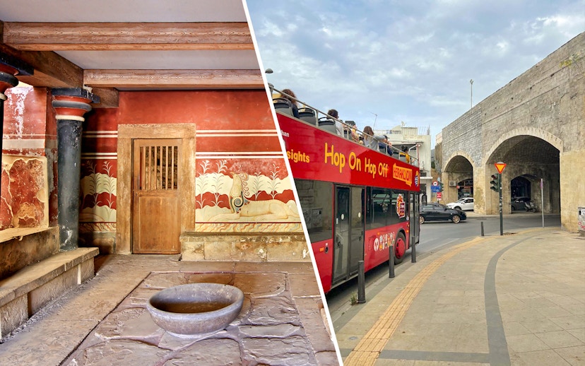Knossos Palace interior and Heraklion hop-on hop-off bus tour in Crete, Greece.