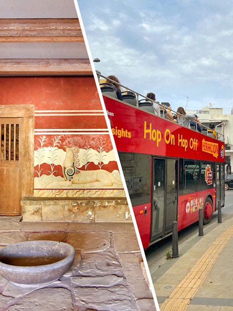 Knossos Palace interior and Heraklion hop-on hop-off bus tour in Crete, Greece.