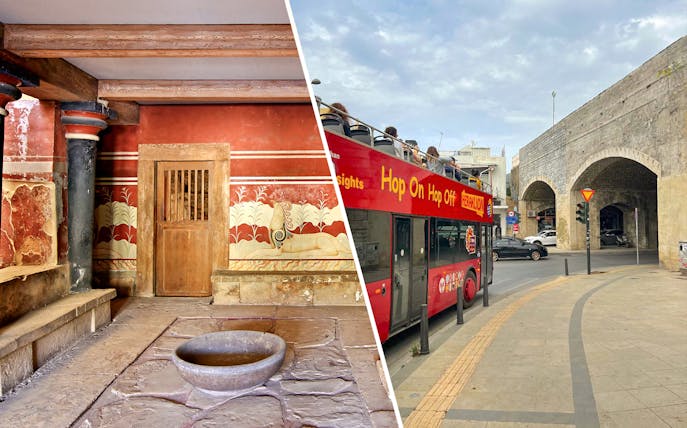 Knossos Palace interior and Heraklion hop-on hop-off bus tour in Crete, Greece.