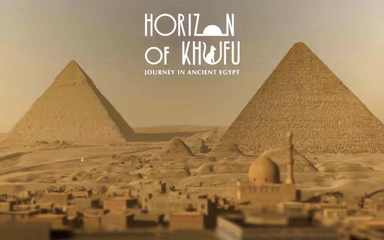 Pyramids of Giza with cityscape, VR expedition to explore the age of Pharaohs.