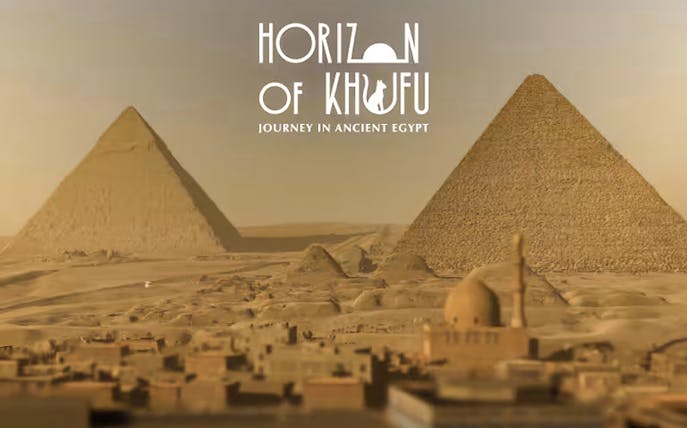 Pyramids of Giza with cityscape, VR expedition to explore the age of Pharaohs.