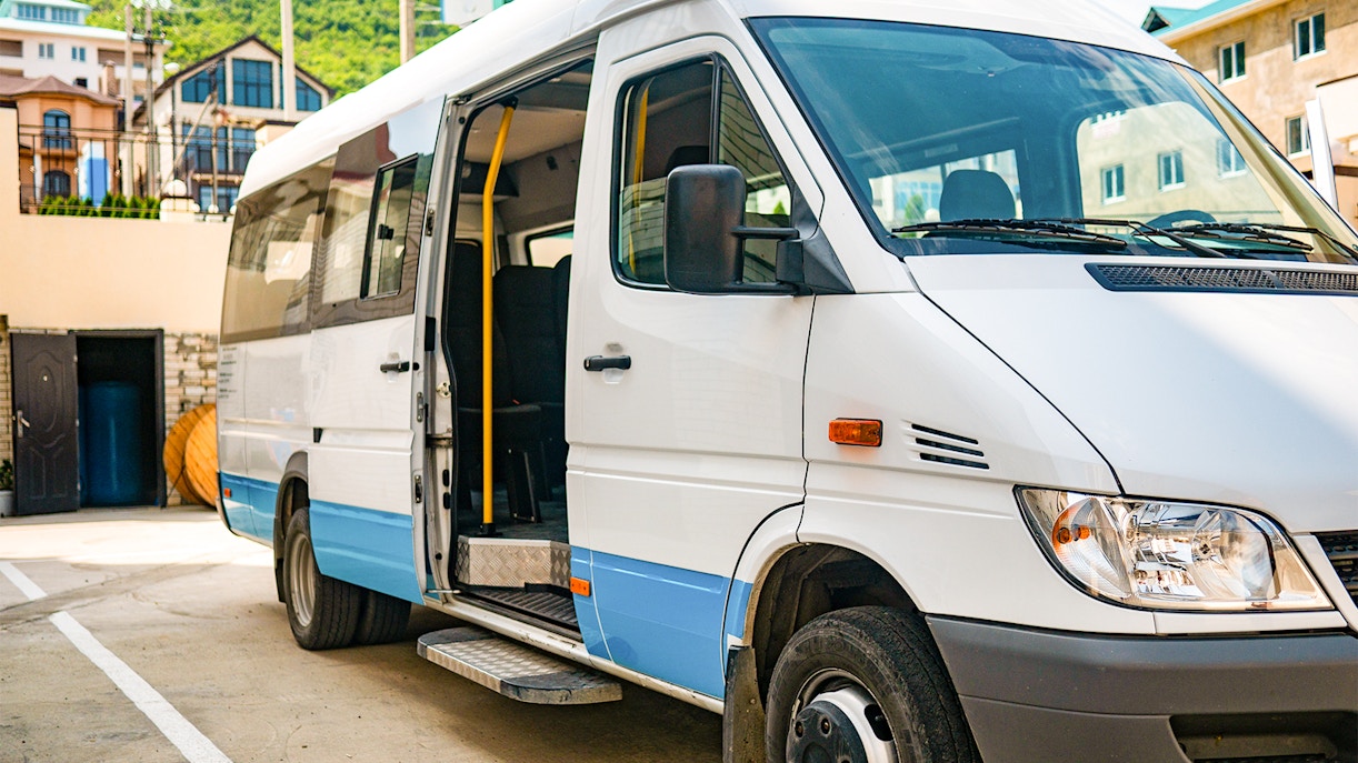 Tour shuttle bus for Pyramids of Giza excursion.