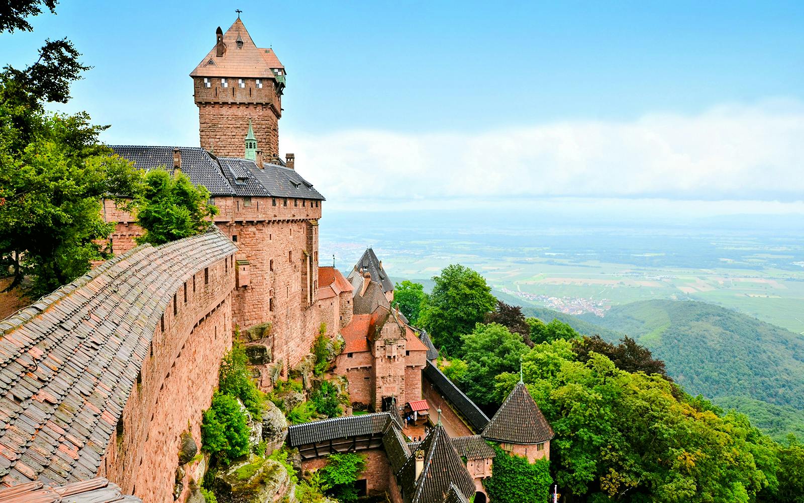 Medieval castle of Haut Koenigsbourg overlooking Alsace countryside, France.