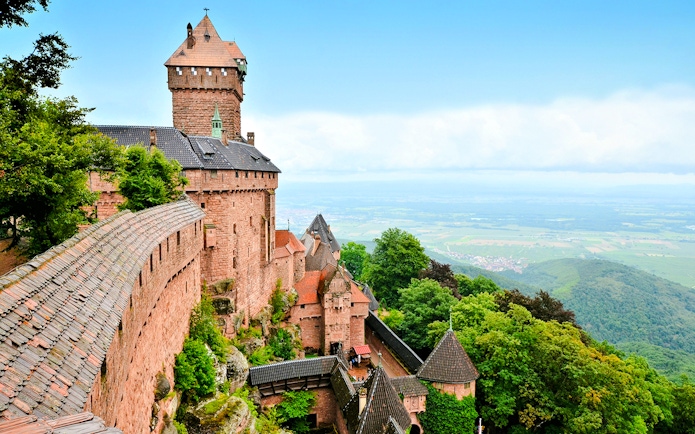 Medieval castle of Haut Koenigsbourg overlooking Alsace countryside, France.