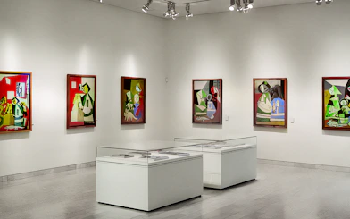 Picasso Museum interior with abstract paintings on white walls and display cases.