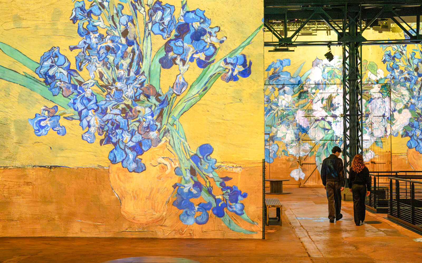 Digital immersive art of Van Gogh's irises at Atelier Des Lumières, Paris, France.