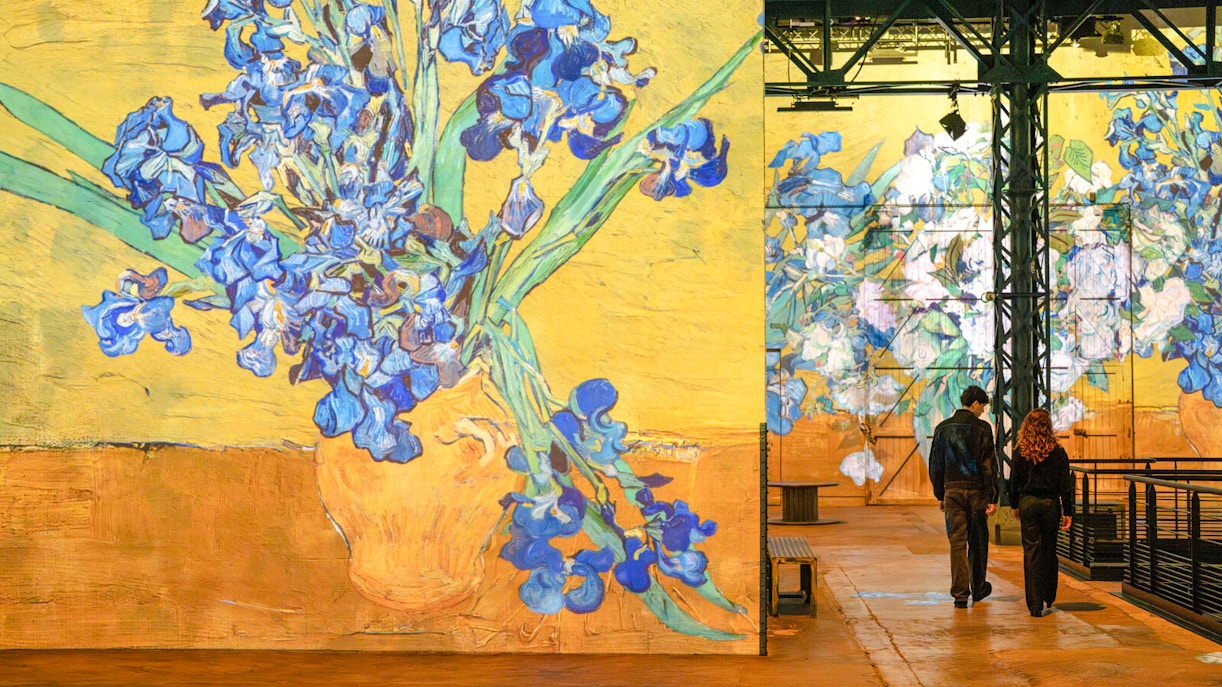 Digital immersive art of Van Gogh's irises at Atelier Des Lumières, Paris, France.