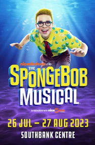 SpongeBob Musical poster with main characters in colorful costumes, New York City.