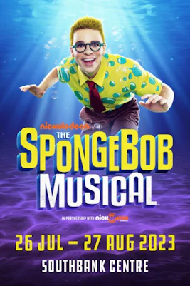 SpongeBob Musical poster with main characters in colorful costumes, New York City.