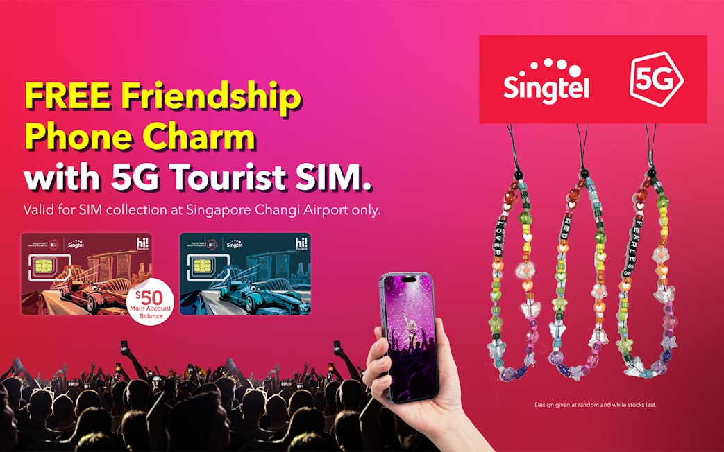 Singtel 5G Tourist SIM cards with free phone charm offer at Singapore Changi Airport.
