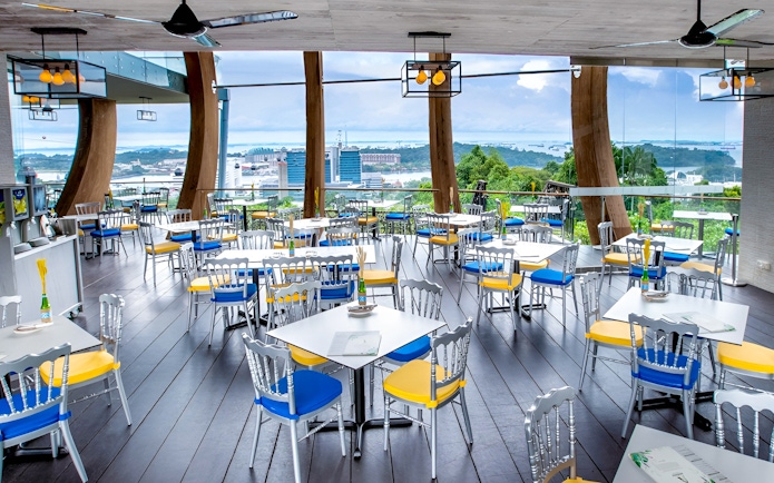 Aerial view from Singapore Cable Car restaurant with cityscape in the background.