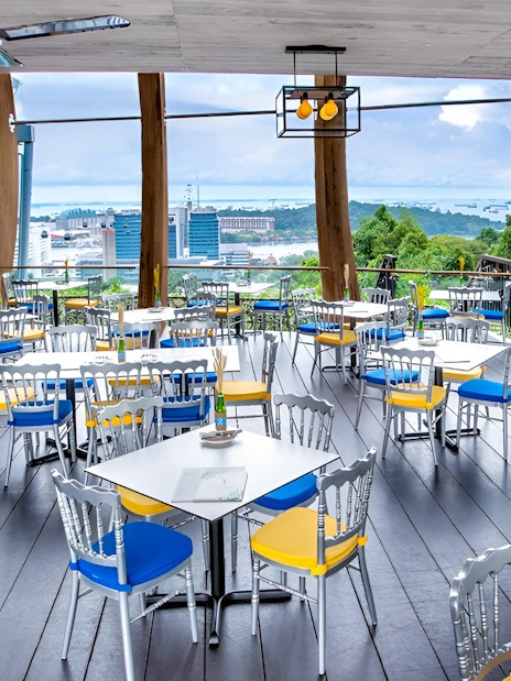 Aerial view from Singapore Cable Car restaurant with cityscape in the background.