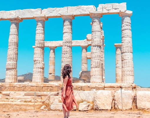 Temple of Poseidon at Cape Sounion, Greece, overlooking the Aegean Sea.