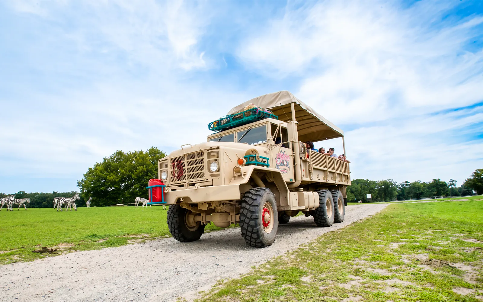 Off-road safari truck with tourists at Six Flags Wild Safari, zebras grazing nearby.