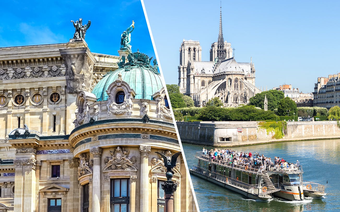 Opera Garnier facade and Seine River cruise boat near Notre Dame in Paris.