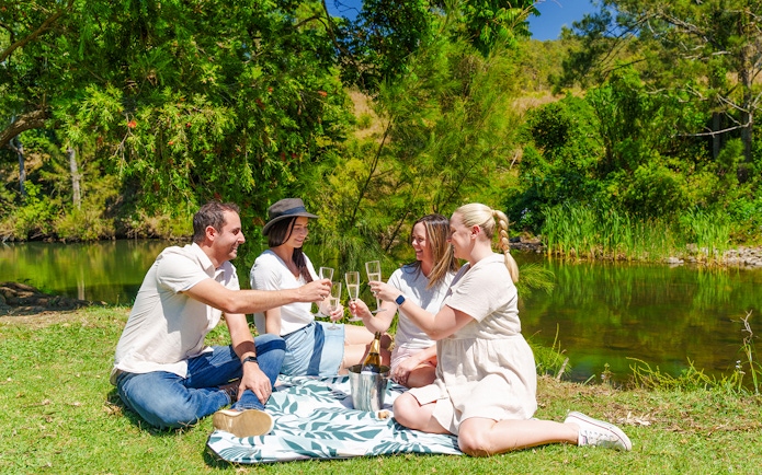 Group having a picnic with sparkling wine by a lake at O'Reilly's Vineyard, Lamington National Park.