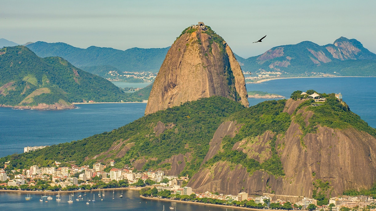 Sugar Loaf Mountain view from helicopter over Rio de Janeiro, Brazil.