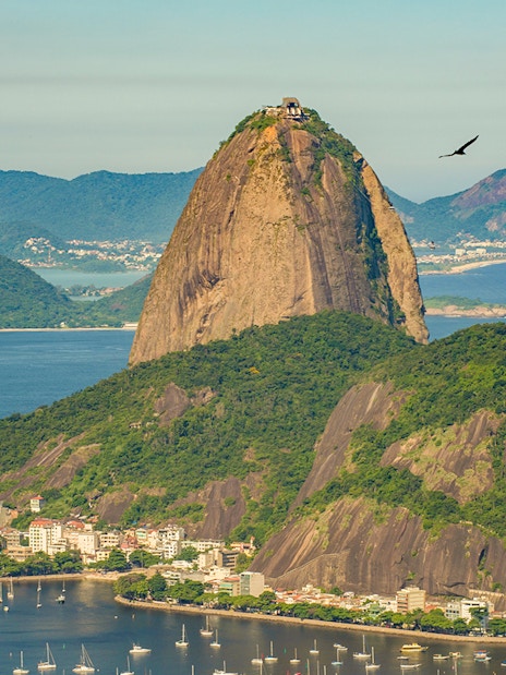 Sugar Loaf Mountain view from helicopter over Rio de Janeiro, Brazil.