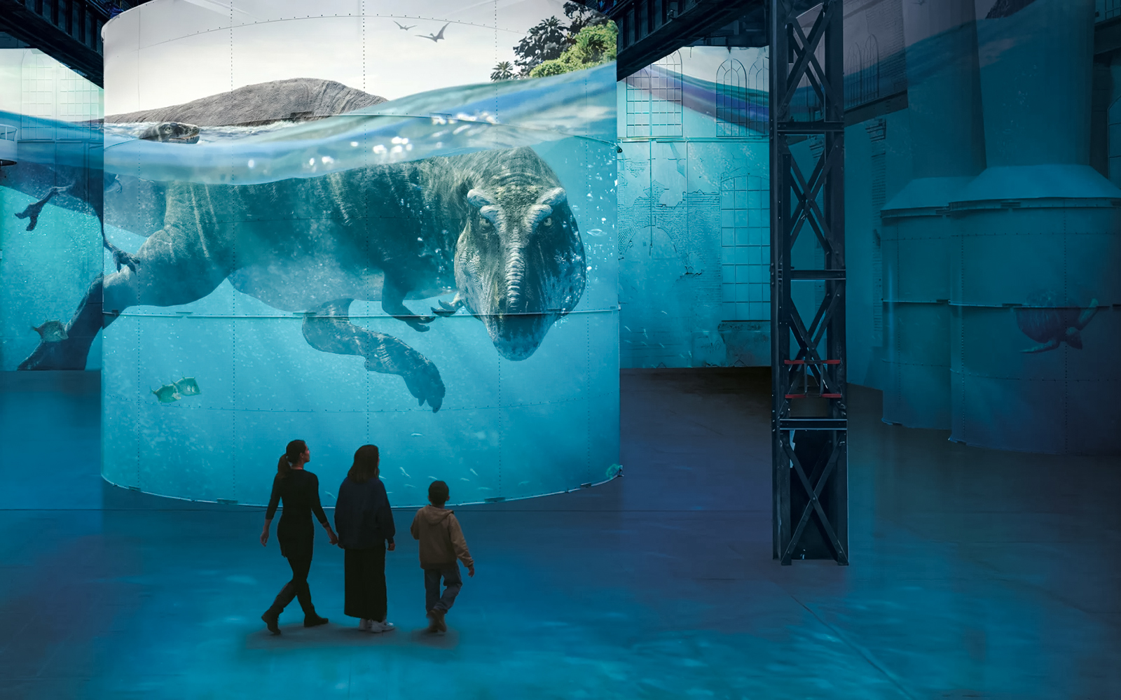 Guests viewing dinosaur display at Phoenix des Lumières Dortmund exhibition.