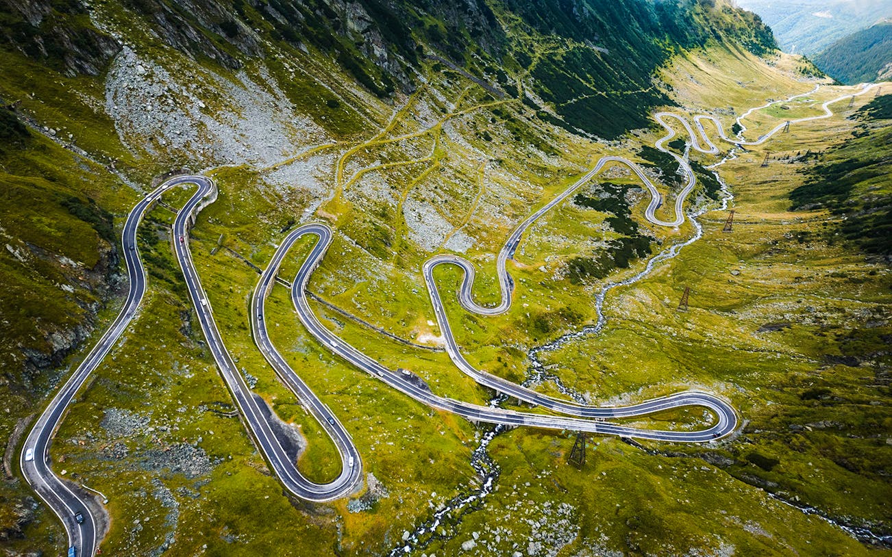 Winding Transfăgărășan Road through the Carpathian Mountains, Romania.
