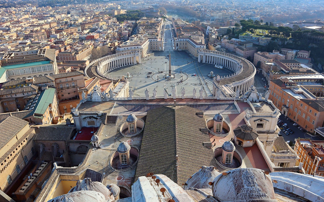 View from St. Peter’s Basilica dome overlooking St. Peter’s Square and Vatican City.