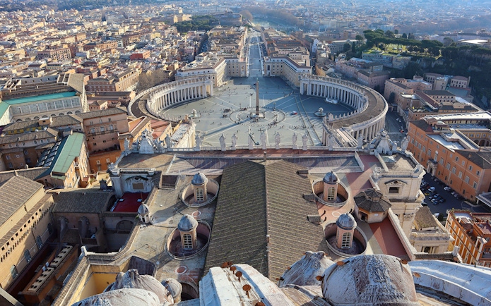 View from St. Peter’s Basilica dome overlooking St. Peter’s Square and Vatican City.