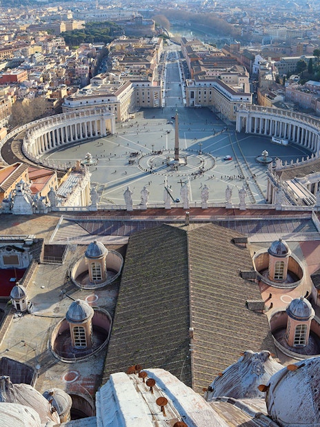 View from St. Peter’s Basilica dome overlooking St. Peter’s Square and Vatican City.