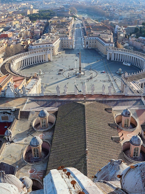 View from St. Peter’s Basilica dome overlooking St. Peter’s Square and Vatican City.