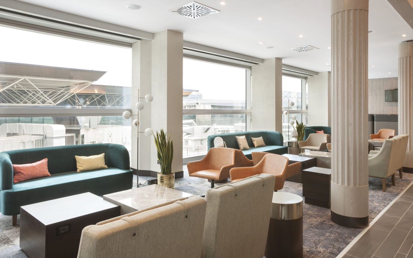 Lounge seating area at Plaza Premium Lounge, Terminal 1, Leonardo da Vinci-Fiumicino Airport.