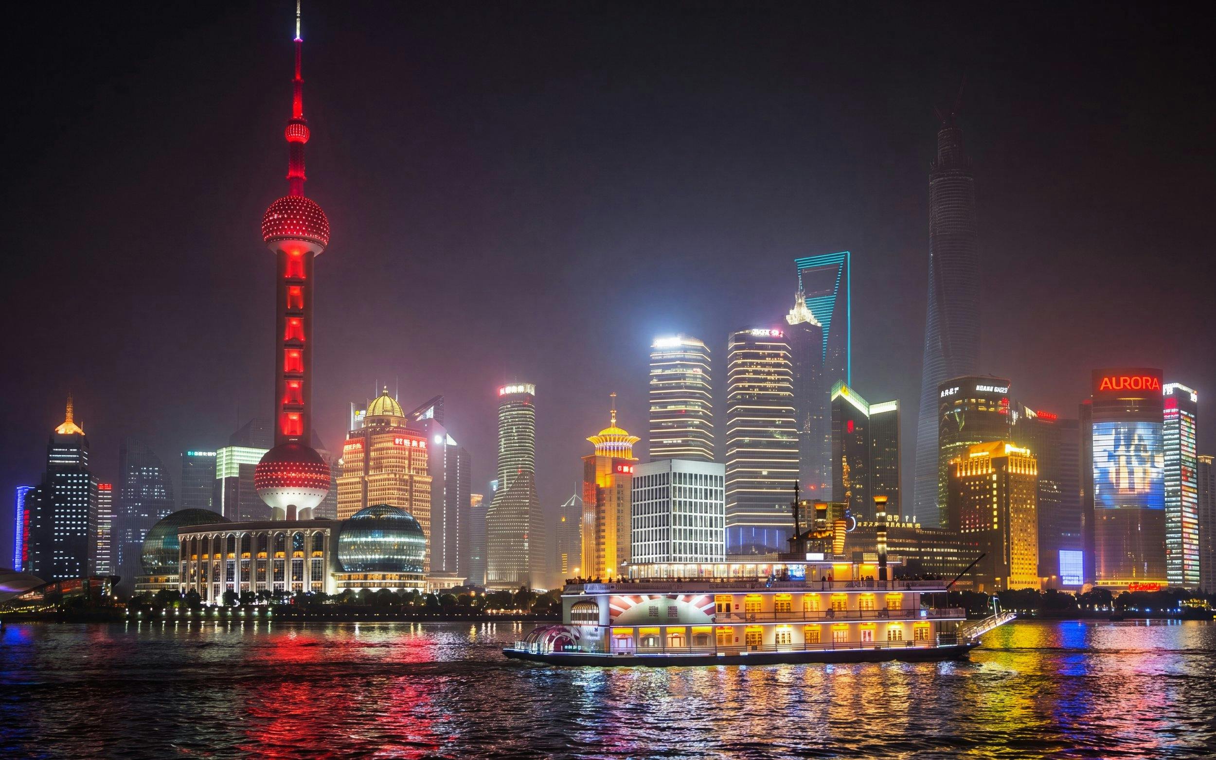 Huangpu River cruise with Shanghai skyline and Oriental Pearl Tower at night.