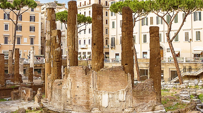 Ancient ruins of Largo di Torre Argentina in Rome with surrounding buildings.