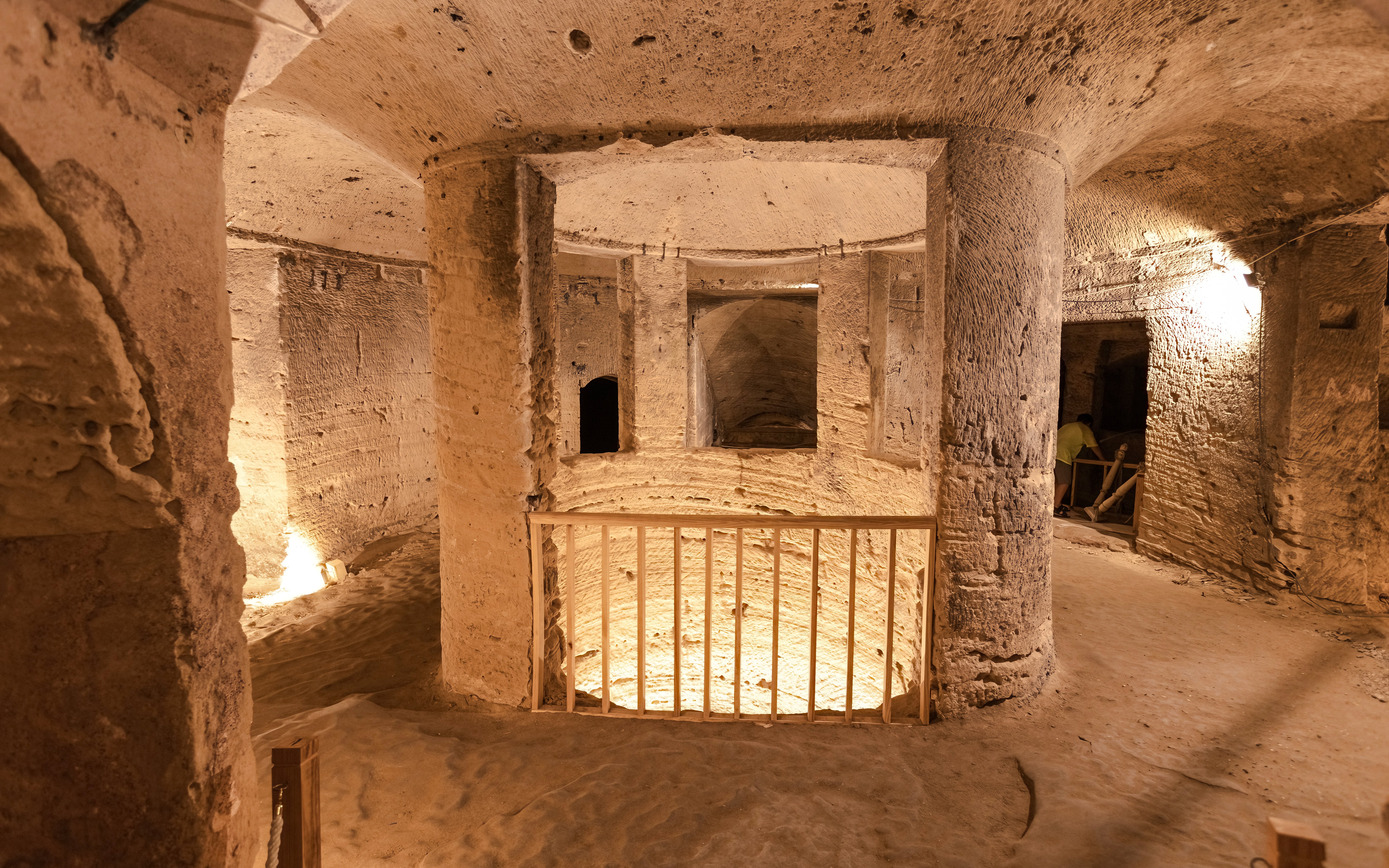 Inside view of ancient stone columns in the Catacombs of Kom el Shoqafa, Alexandria, Egypt.
