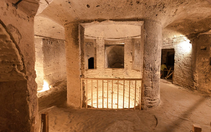 Inside view of ancient stone columns in the Catacombs of Kom el Shoqafa, Alexandria, Egypt.