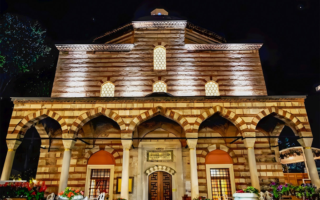 Hurrem Sultan Hamam exterior at night, Istanbul.