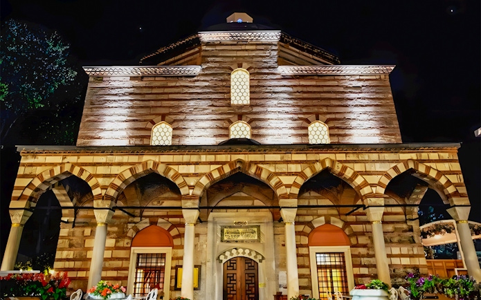 Hurrem Sultan Hamam exterior at night, Istanbul.