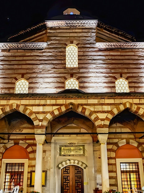 Hurrem Sultan Hamam exterior at night, Istanbul.