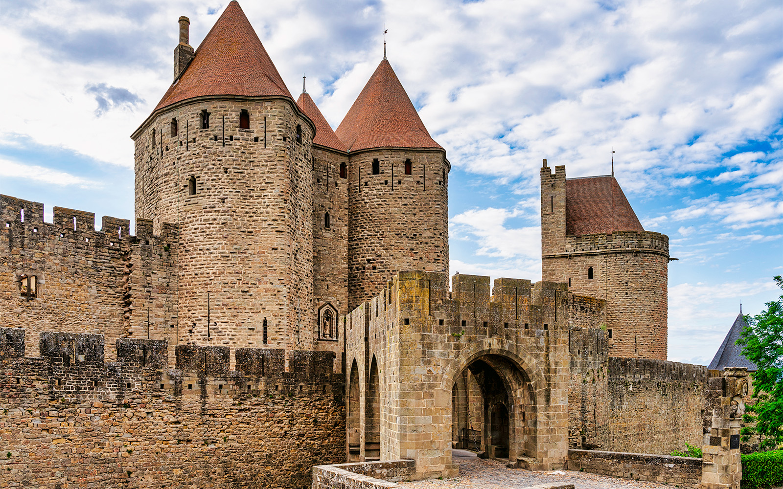 Carcassonne Castle with medieval towers and stone walls in Carcassonne, France.