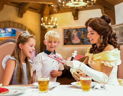 Dining experience at Auberge de Cendrillon, Disneyland Paris with castle-themed decor.