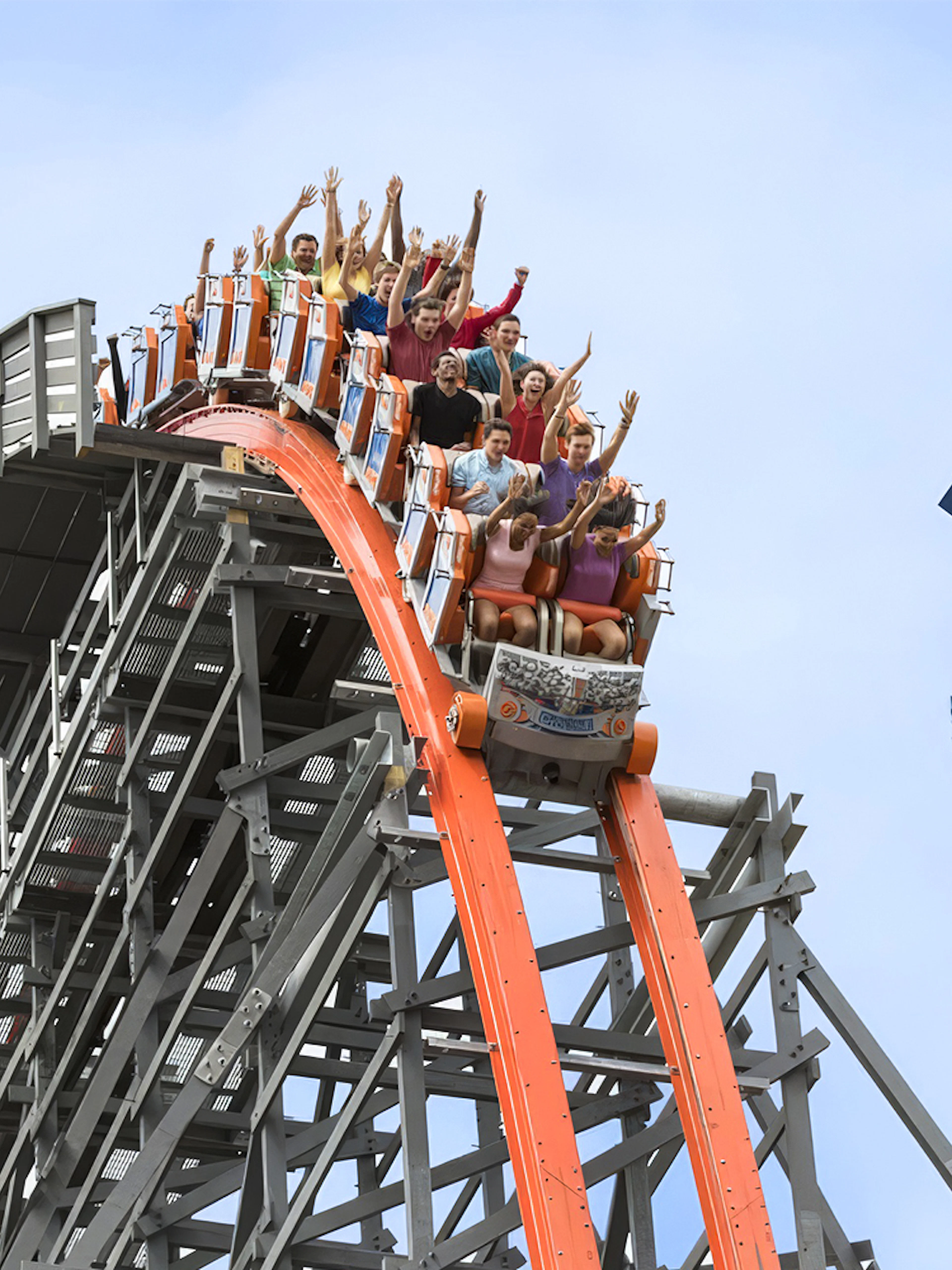 Roller coaster descent on Wicked Cyclone at Six Flags New England, Boston.