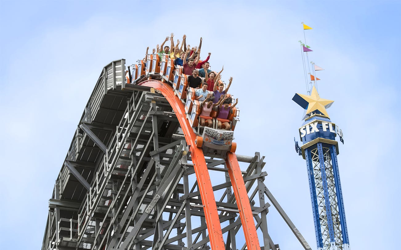 Roller coaster descent on Wicked Cyclone at Six Flags New England, Boston.