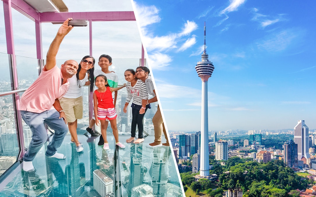 Family taking a selfie on the Sky Box at KL Tower, Malaysia, with city view.