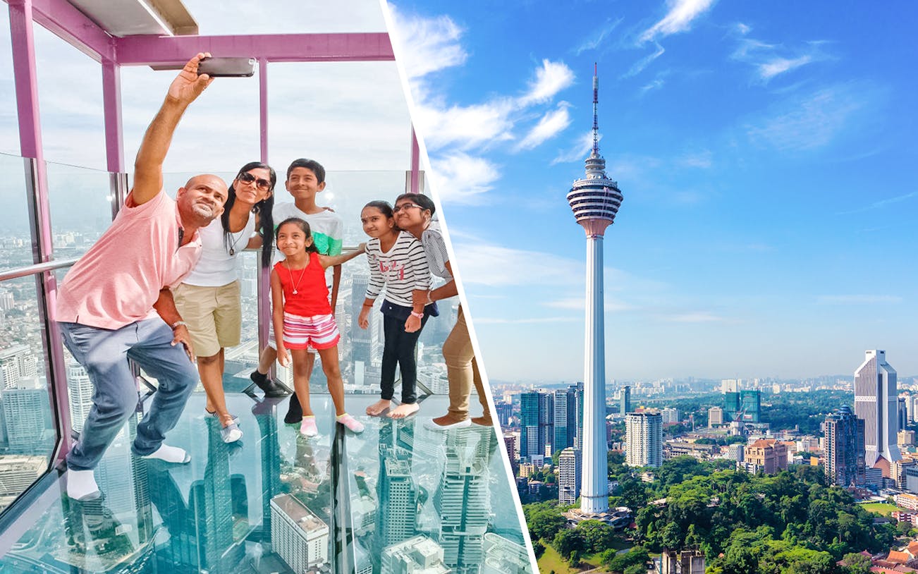 Family taking a selfie on the Sky Box at KL Tower, Malaysia, with city view.