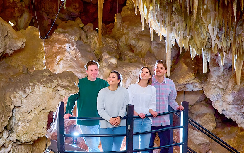 Visitors exploring a cave with stalactites, part of a holiday favorites tour.