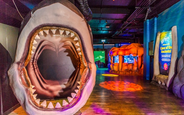 Cave of the Ancients exhibit entrance at SEA LIFE Melbourne with shark jaw display.