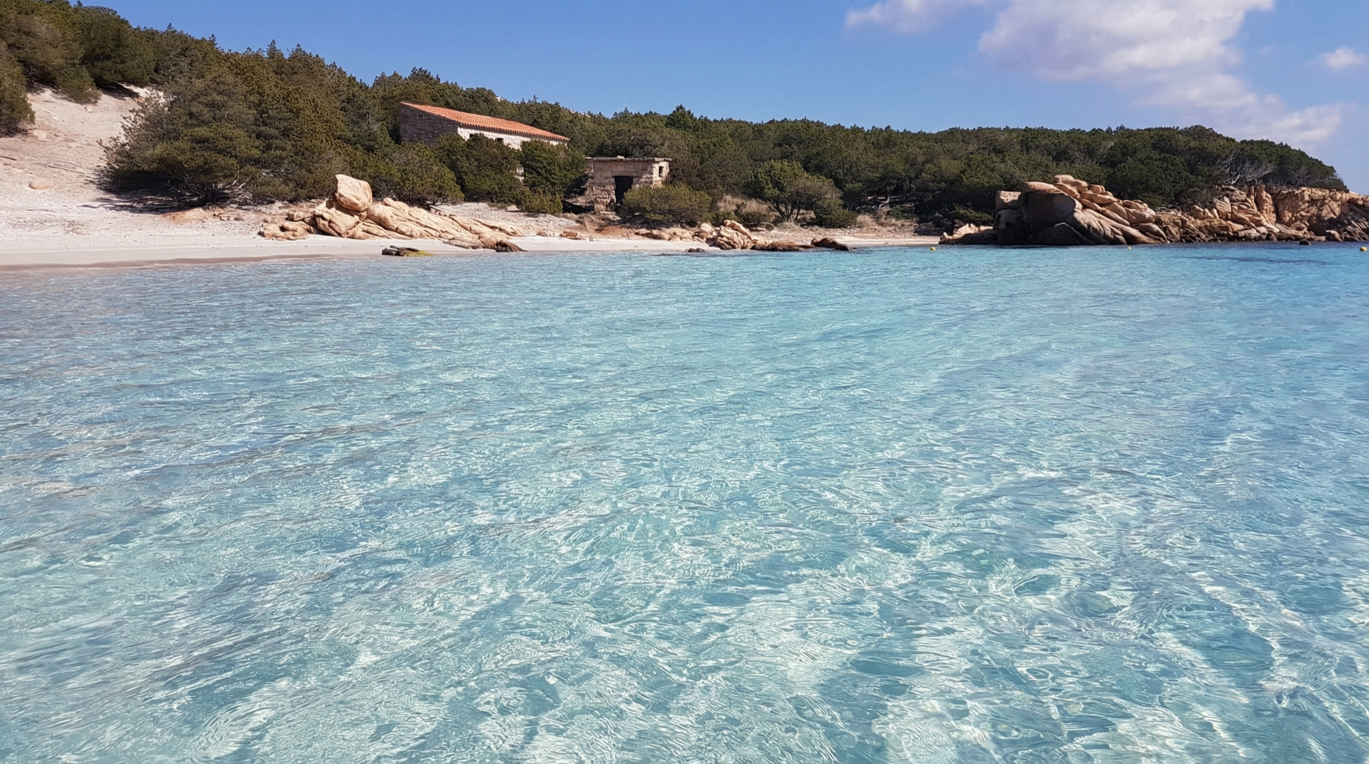 La Maddalena Archipelago beach with clear turquoise water and rocky shoreline.