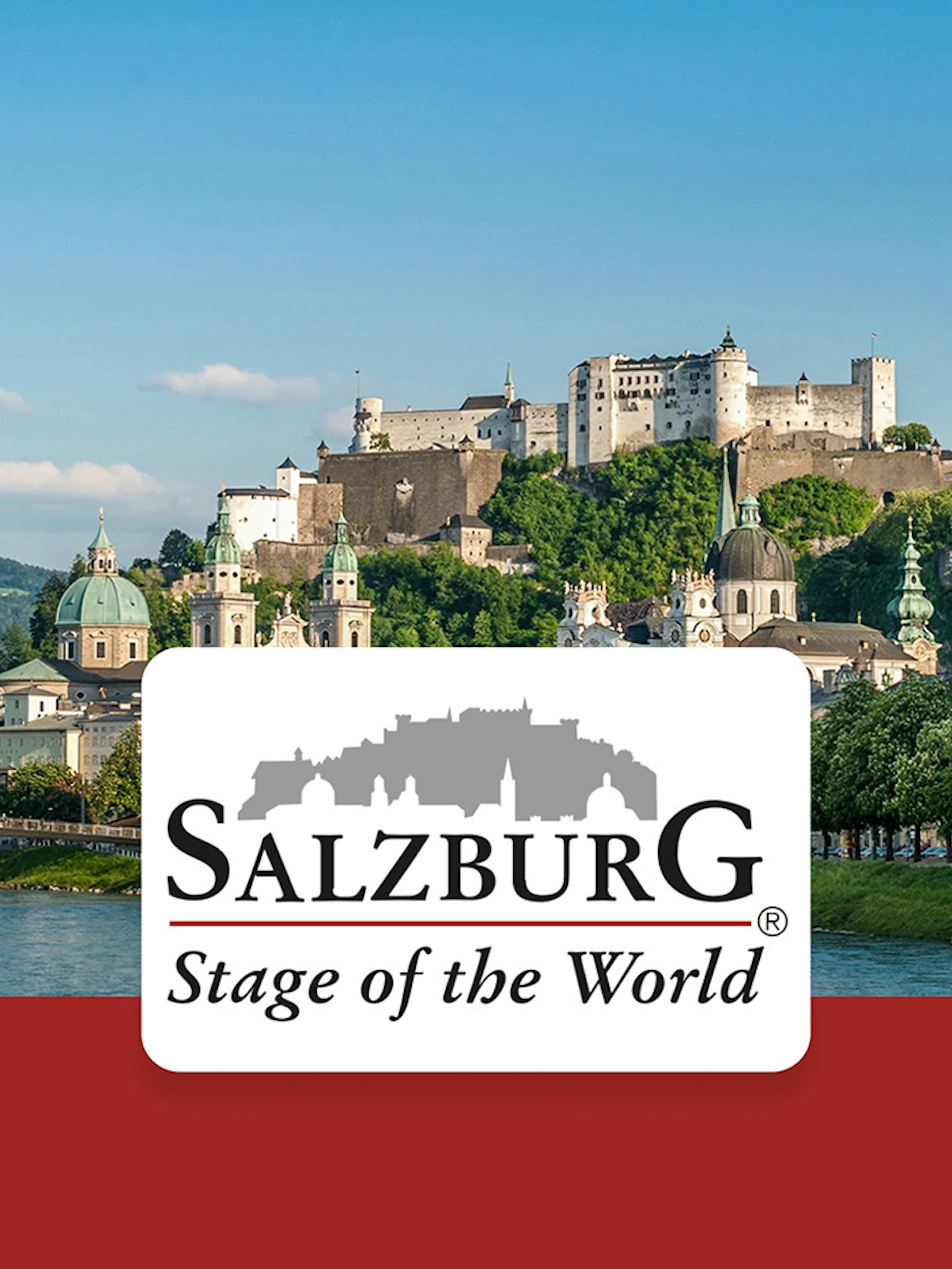 Salzburg skyline with Hohensalzburg Fortress and Salzach River, promoting Salzburg Card.
