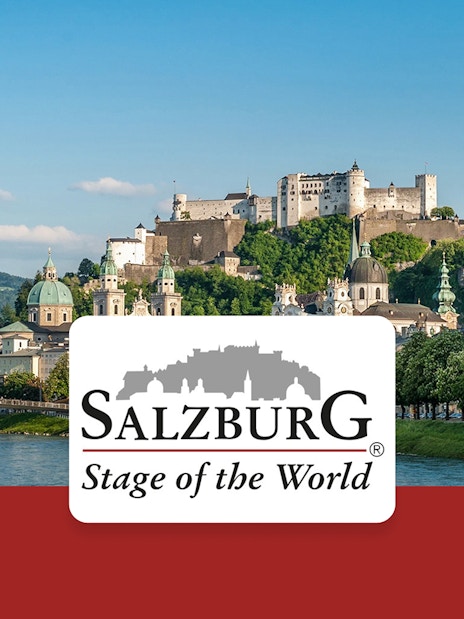 Salzburg skyline with Hohensalzburg Fortress and Salzach River, promoting Salzburg Card.
