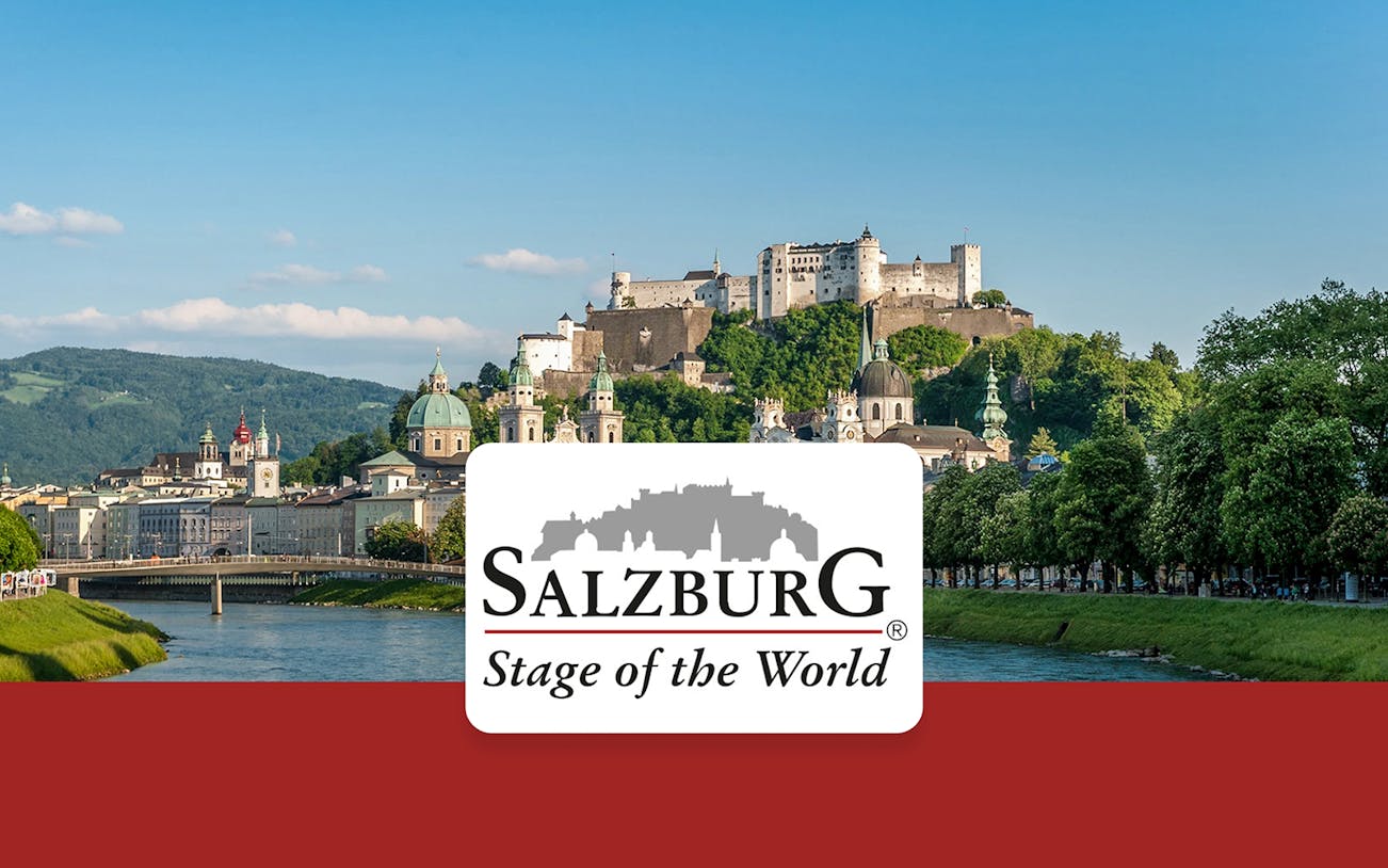 Salzburg skyline with Hohensalzburg Fortress and Salzach River, promoting Salzburg Card.
