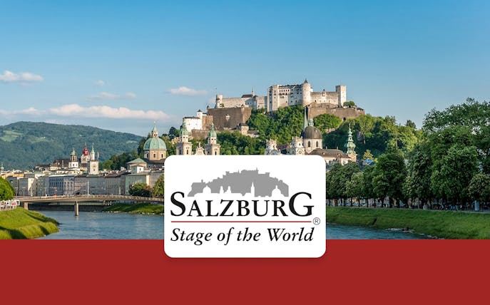 Salzburg skyline with Hohensalzburg Fortress and Salzach River, promoting Salzburg Card.